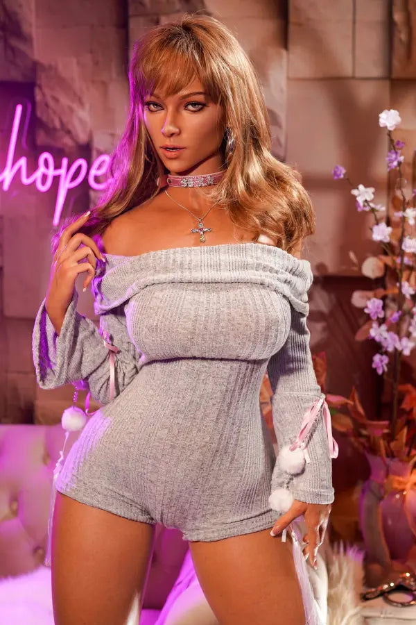 Full body shot of June standing without bolts showcasing her 175cm height.