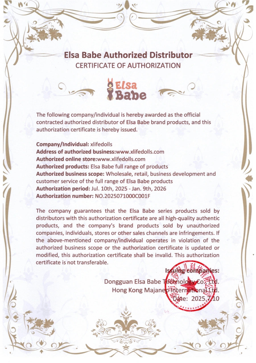 Sales authorization certificate issued by the elsa babe doll manufacturer