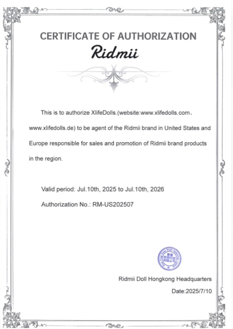 Sales authorization certificate issued by the ridmiidoll manufacturer