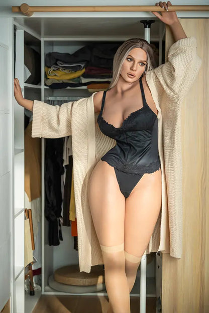 Blonde Alessia 170cm silicone sex doll in black corset