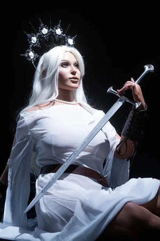 High contrast shot of white hair against sun-kissed skin.