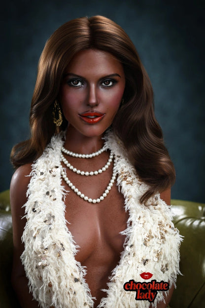 Luxury black sex doll with customizable chestnut hair and confident facial expression.