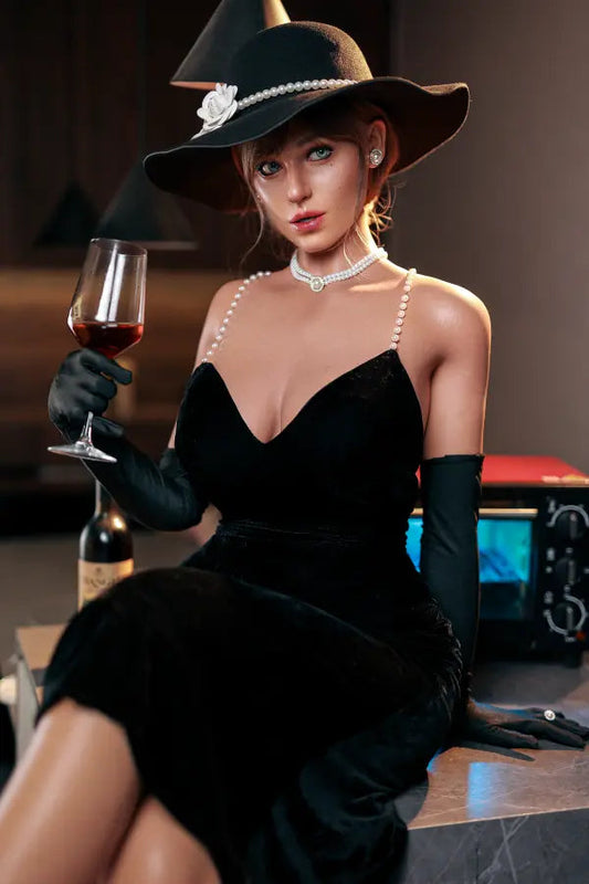 Lifestyle scene featuring Isabelle with a black fur stole and wine.