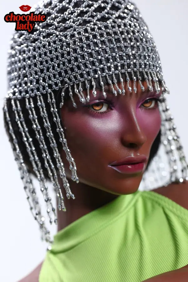 High-fashion style black sex doll Nova in studio scene.