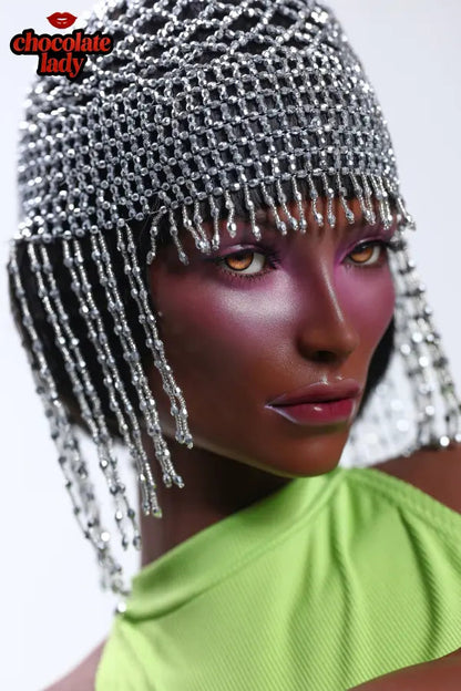 High-fashion style black sex doll Nova in studio scene.