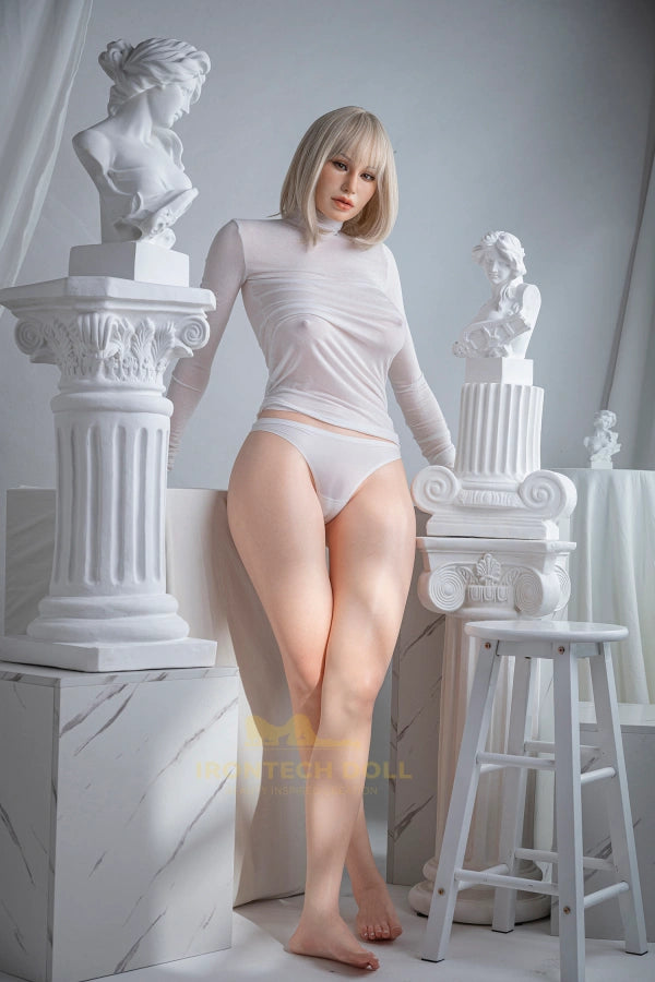 171cm full silicone sex doll Pearl with blonde bob and white top.