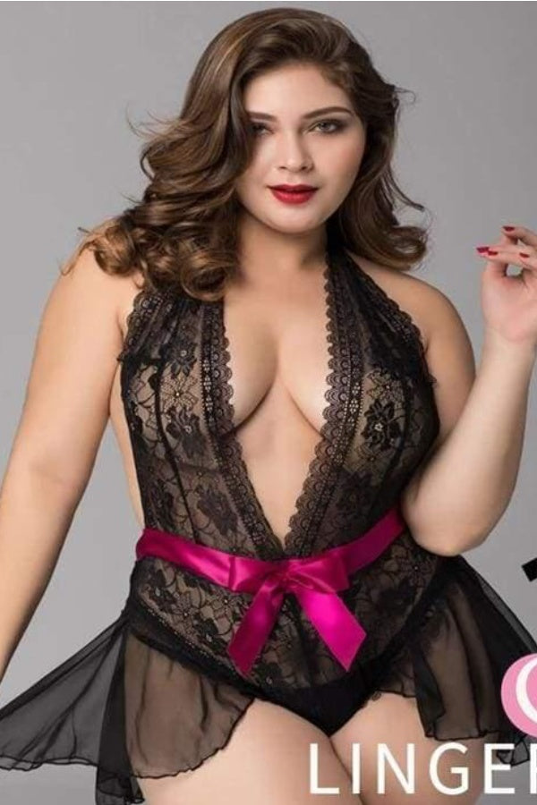 Xlifedolls|Plus Size Lace Chiffon Backless Transparent Sex Sleepwear