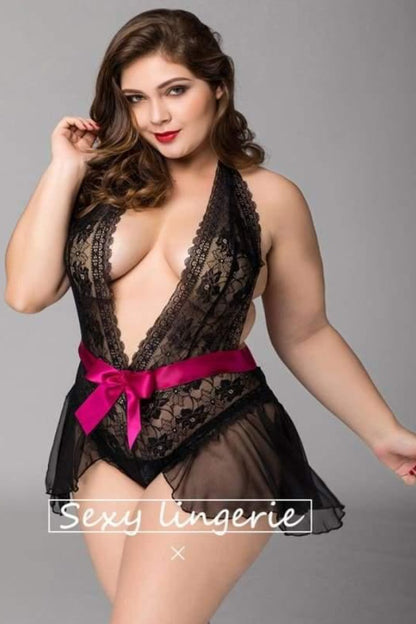 Xlifedolls|Plus Size Lace Chiffon Backless Transparent Sex Sleepwear