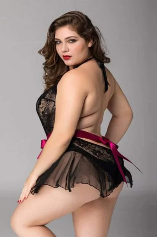 Plus Size Lace Chiffon Backless Transparent Sex Sleepwear