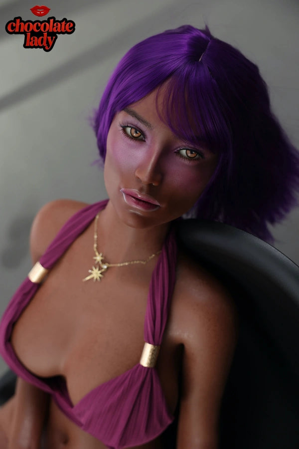 Full-body view of a 160cm black sex doll standing in a purple fashion outfit