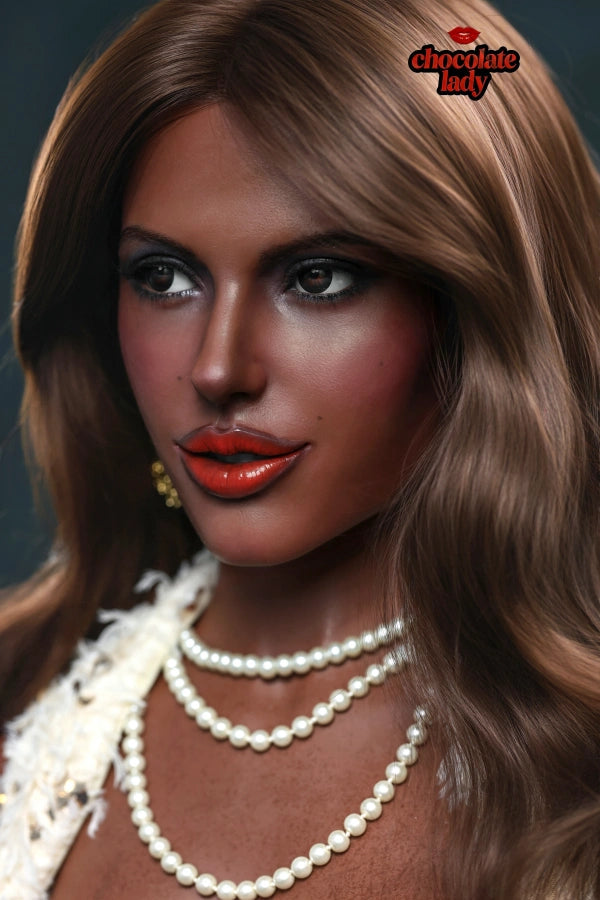 Detailed view of realistic human skin texture and pores on a black silicone sex doll.