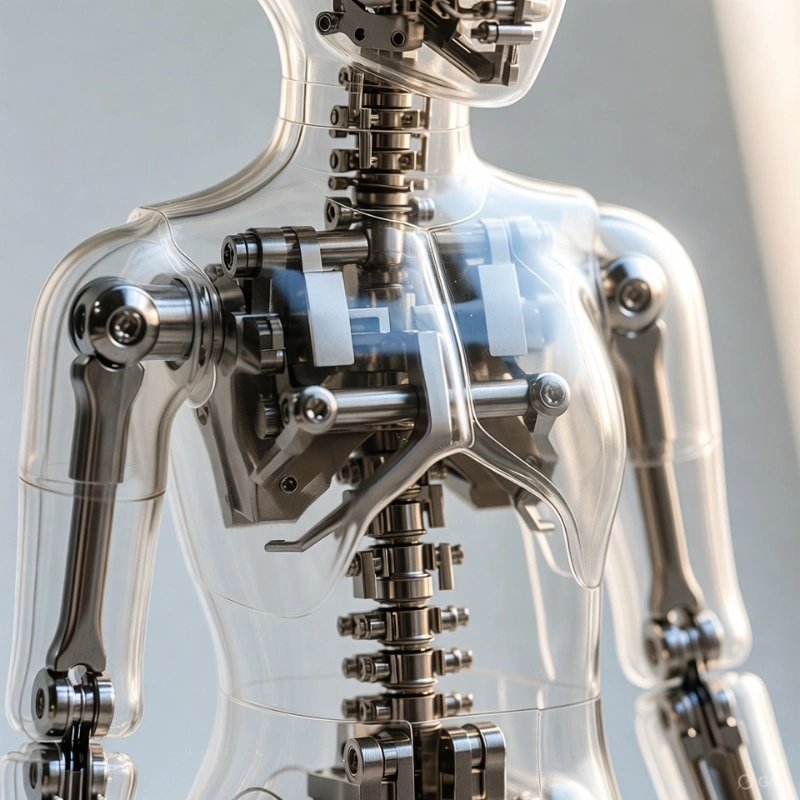Cutaway illustration of a realistic companion doll revealing a reinforced internal metal skeleton for stability and poseability