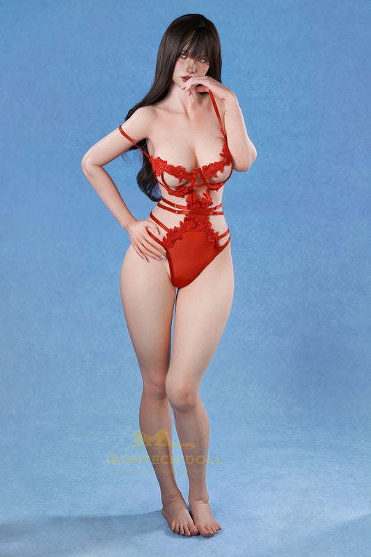 Vina, a 166cm all-silicone sex doll dressed in red lace, comes with a ROS MAX head sculpt.