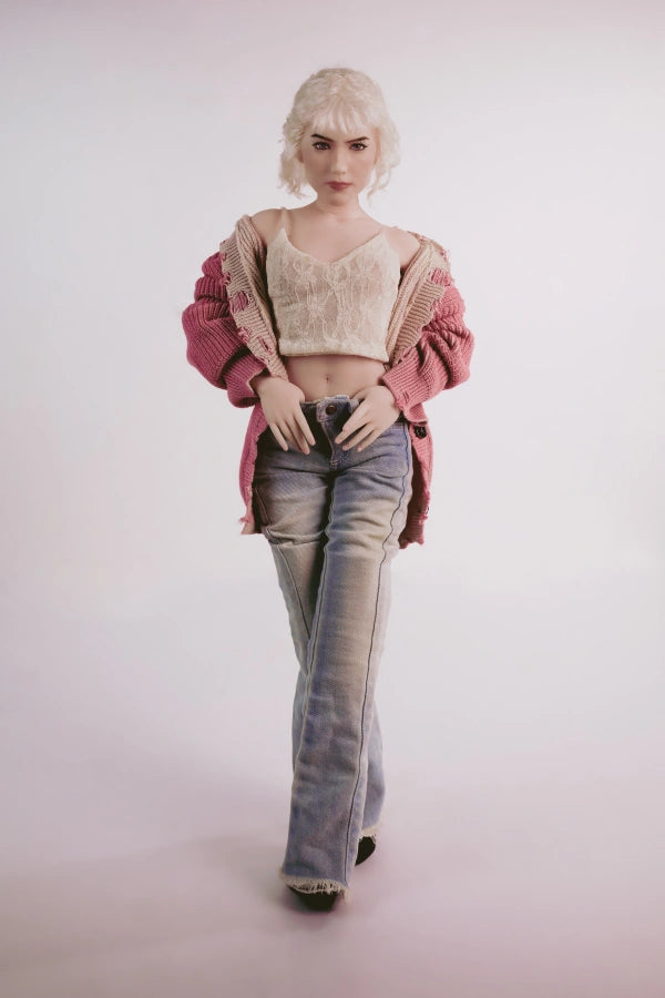 Blonde Fashion Full Silicone Sex Doll Flat in cardigan and jeans.