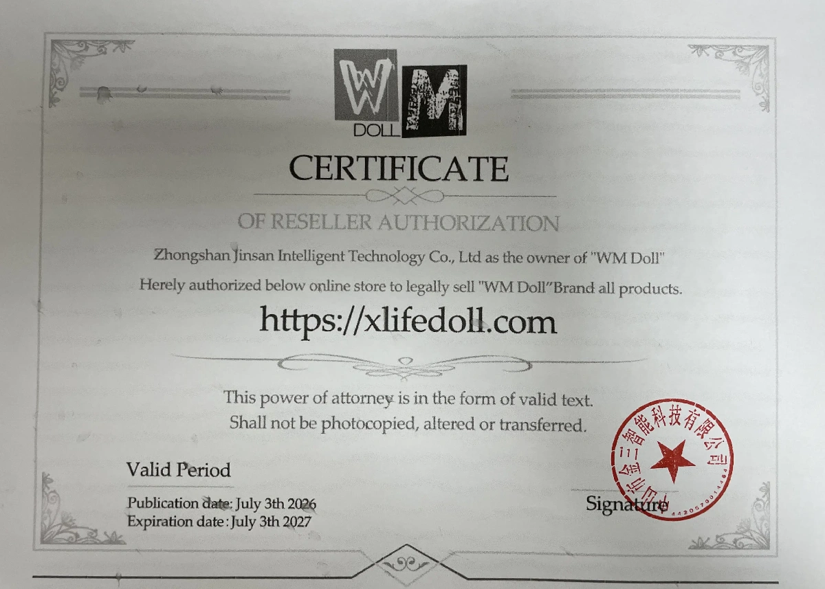 Official authorization letter certifying XLifeDoll as an authorized distributor of WM Doll products.