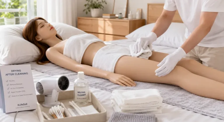 Drying a sex doll with a microfiber towel after routine cleaning.
