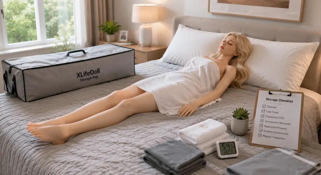 A custom silicone display mannequin stored on a clean bed in a dry, well-ventilated room with proper body support.
