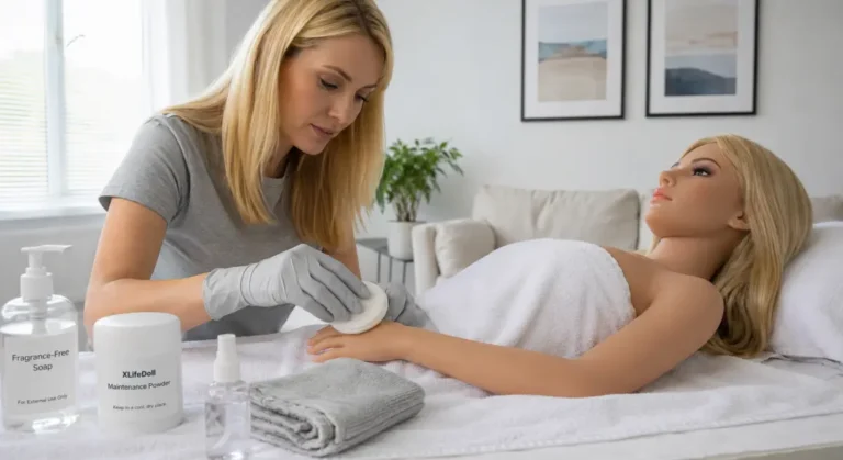 Applying maintenance powder to restore a sticky TPE sex doll surface after cleaning.