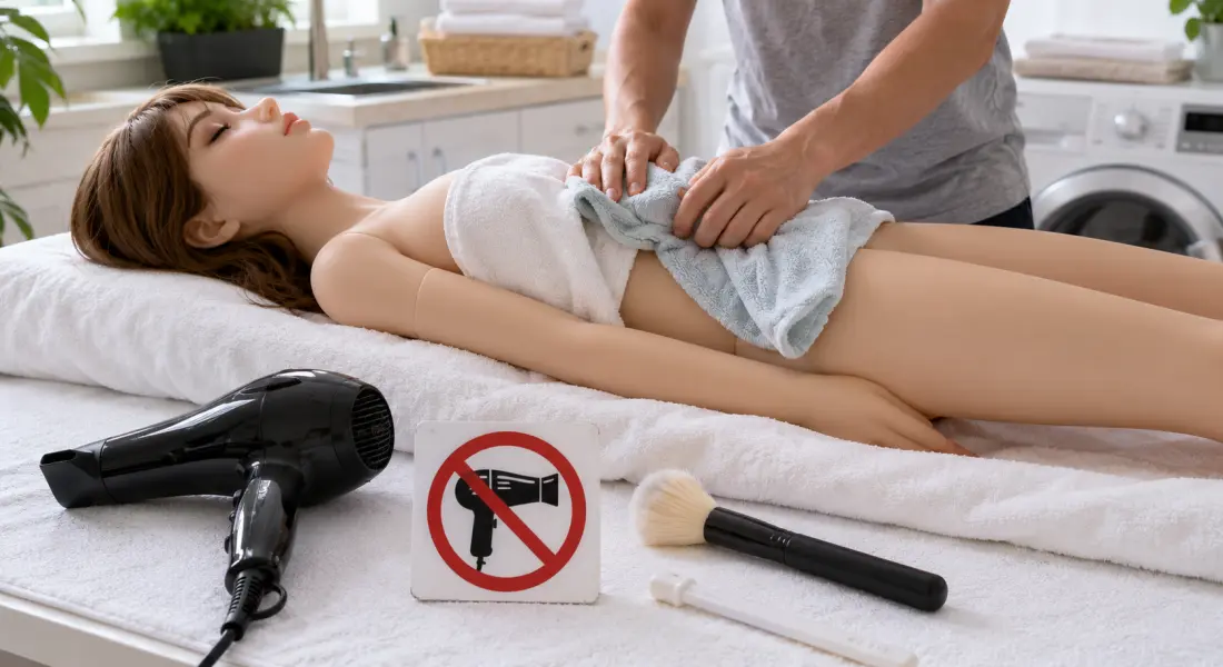A microfiber towel a Hair Dryer on a TPE Sex Doll while a hair dryer is shown with a prohibition symbol to illustrate the manufacturer-recommended air-drying method.