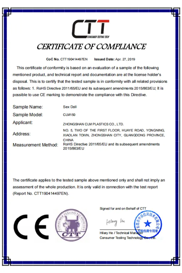 Manufacturing Partners 50 ClimaxDoll CERTIFICATE OF COMPLIANCE Report