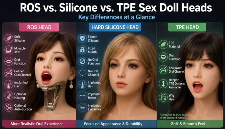 ROS, hard silicone and TPE sex doll heads compared by material, jaw design, oral function and key features