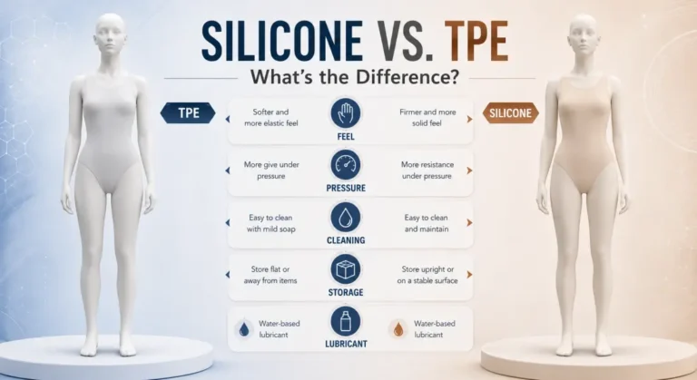 Silicone vs. TPE sex dolls comparison showing differences in material feel, care, storage, and lubricant compatibility