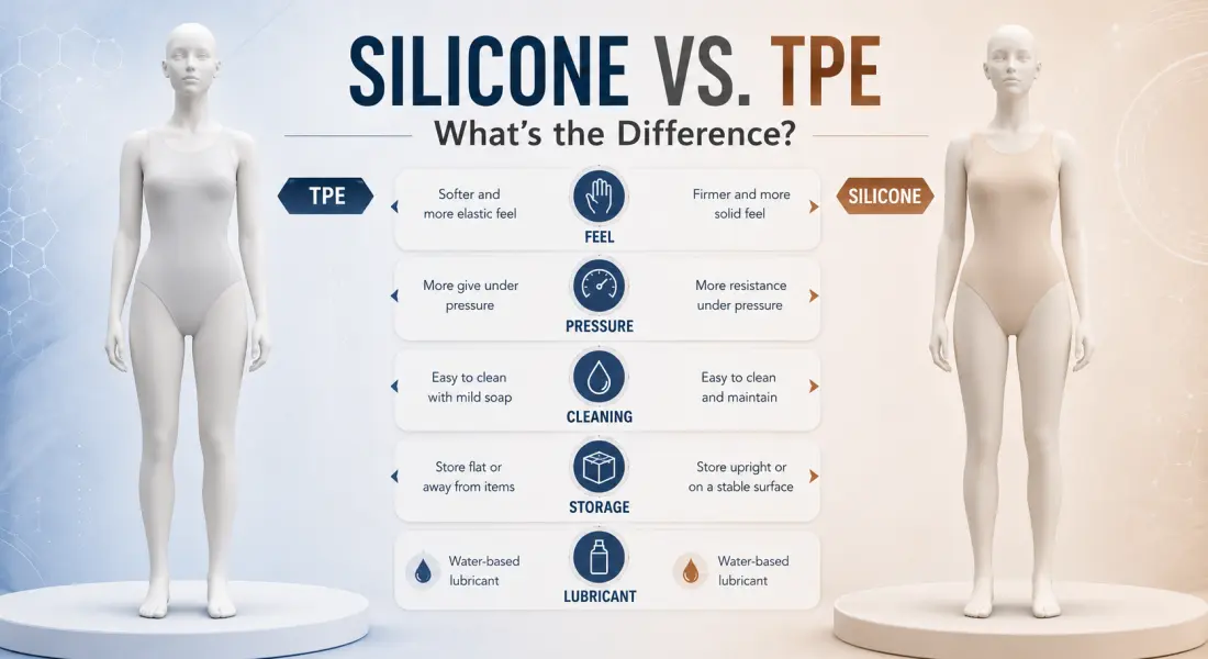Silicone vs. TPE sex dolls comparison showing differences in material feel, care, storage, and lubricant compatibility