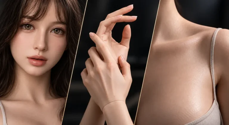 Realistic sex doll technology showing lifelike skin texture, articulated hand joints, and realistic silicone surface detail